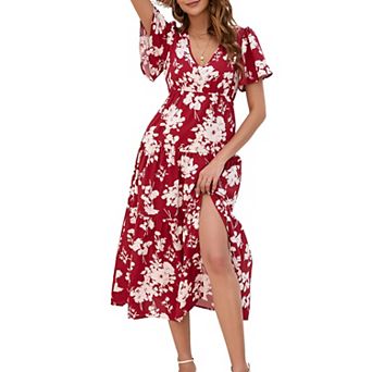 Women's Bohemian Floral Printed V Neck Ruffle Hem A-line Short Sleeve Split Beach Party Maxi Dress