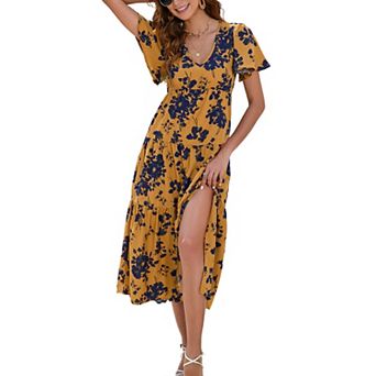 Women's Bohemian Floral Printed V Neck Ruffle Hem A-line Short Sleeve Split Beach Party Maxi Dress