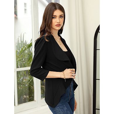 Women's Business Blazer 3/4 Sleeve Dressy Open Front Work Office Cardigan Cropped Suit Jacket