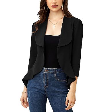 Women's Business Blazer 3/4 Sleeve Dressy Open Front Work Office Cardigan Cropped Suit Jacket