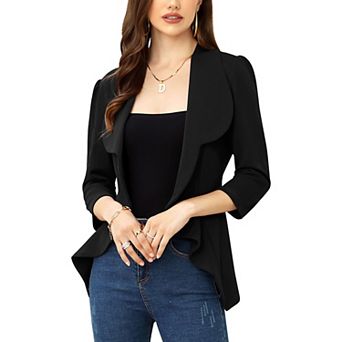 Women's Business Blazer 3/4 Sleeve Dressy Open Front Work Office Cardigan Cropped Suit Jacket