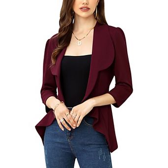 Women's Business Blazer 3/4 Sleeve Dressy Open Front Work Office Cardigan Cropped Suit Jacket