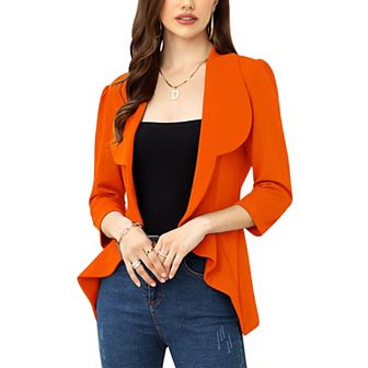 Women's Business Blazer 3/4 Sleeve Dressy Open Front Work Office Cardigan Cropped Suit Jacket
