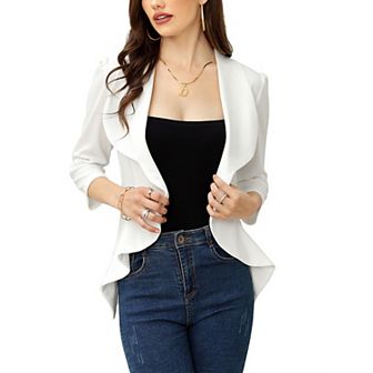Women's Business Blazer 3/4 Sleeve Dressy Open Front Work Office Cardigan Cropped Suit Jacket