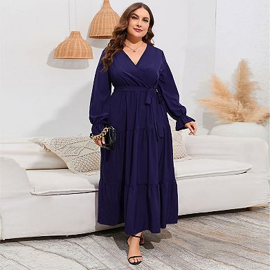 Womens Plus Size V Neck Wrap Maxi Dress High Waist Ruffle Casual Dress with Belt
