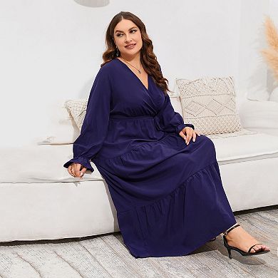 Womens Plus Size V Neck Wrap Maxi Dress High Waist Ruffle Casual Dress with Belt