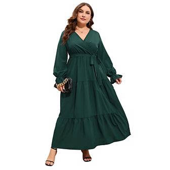 Womens Plus Size V Neck Wrap Maxi Dress High Waist Ruffle Casual Dress with Belt