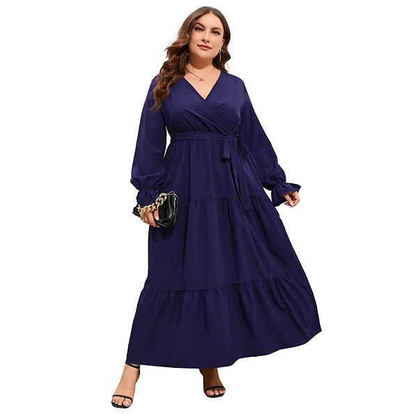BELAROI Women's Plus Size Maxi Dress - V Neck, Short Sleeve, Loose Fit With Pockets & Side Split, Navy Blue, 3X