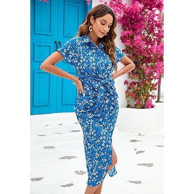 Women Boho Short Sleeve V Neck Dresses Ruched Bodycon High Empire With Tie Slit Hem Dress