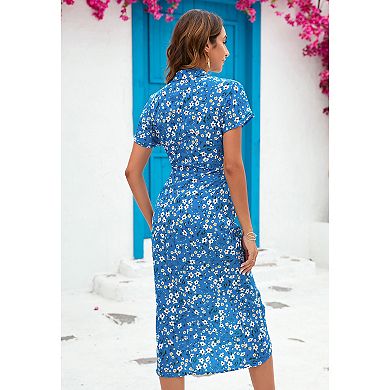 Women Boho Short Sleeve V Neck Dresses Ruched Bodycon High Empire With Tie Slit Hem Dress