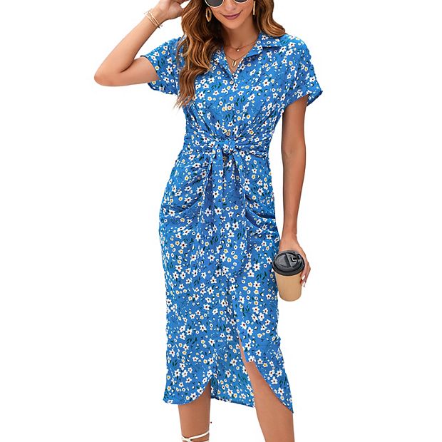 Women Boho Short Sleeve V Neck Dresses Ruched Bodycon High Empire With Tie  Slit Hem Dress