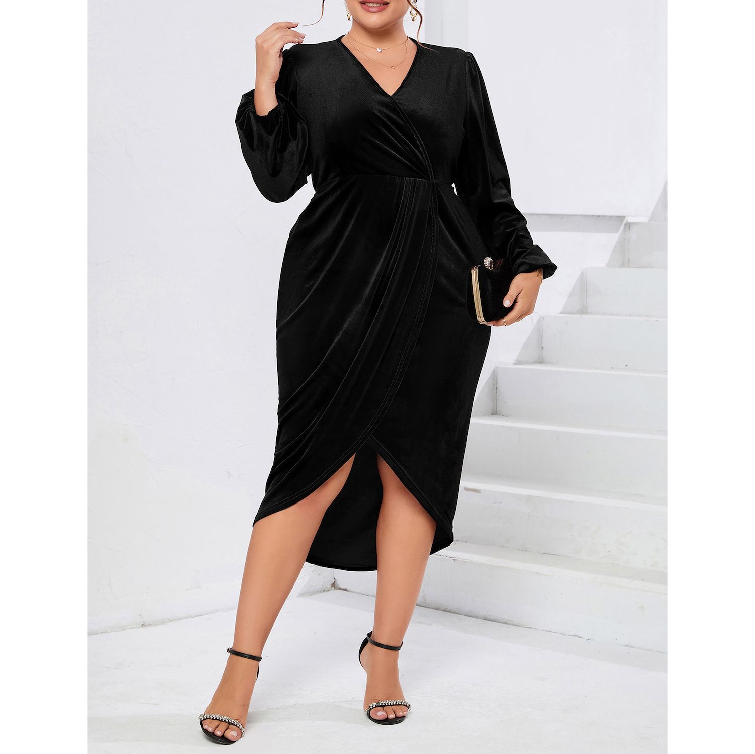 IN'VOLAND Damen Samtkleid Plus Size – Langärmelig, Figurbetont, V-Ausschnitt, Wickeldesign