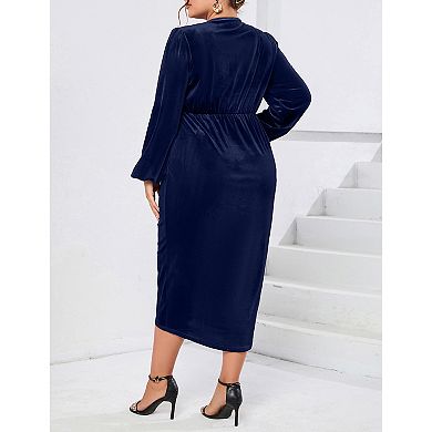 Women's Plus Size Velvet Long Sleeve V Neck Bodycon Ruched Wrap Casual Party Cocktail Dresses
