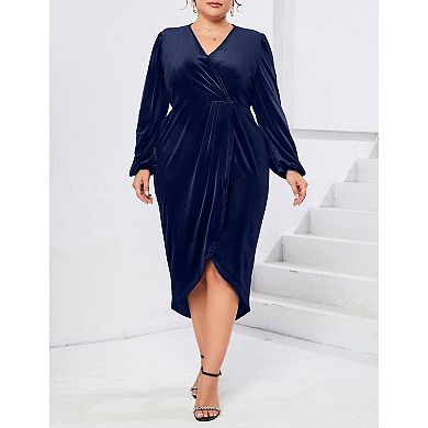 Women's Plus Size Velvet Long Sleeve V Neck Bodycon Ruched Wrap Casual Party Cocktail Dresses