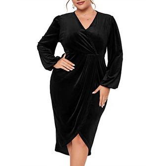 Women's Plus Size Velvet Long Sleeve V Neck Bodycon Ruched Wrap Casual Party Cocktail Dresses