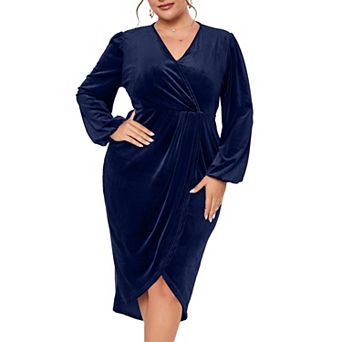 Women's Plus Size Velvet Long Sleeve V Neck Bodycon Ruched Wrap Casual Party Cocktail Dresses