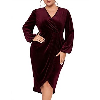 Women's Plus Size Velvet Long Sleeve V Neck Bodycon Ruched Wrap Casual Party Cocktail Dresses