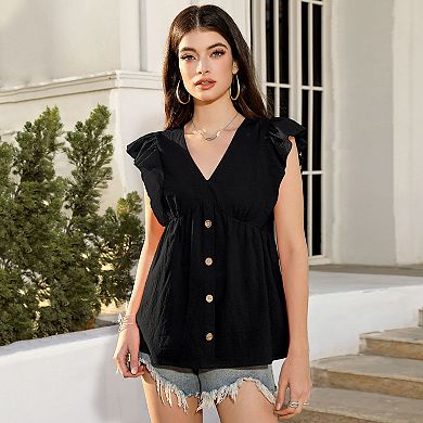 Women's Ruffle Short Sleeve V Neck Button Down Shirts Plain Peplum Tops Babydoll Tunics Blouse