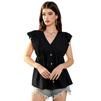 Women's Ruffle Short Sleeve V Neck Button Down Shirts Plain Peplum Tops Babydoll Tunics Blouse