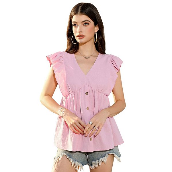 Ruffled Ruched Short Sleeve Button Down Shirt