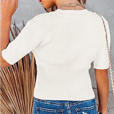 Womens Short Sleeve Sweaters Tops Crewneck Ribbed Pullover Shirt Slim Fit Knit Blouse