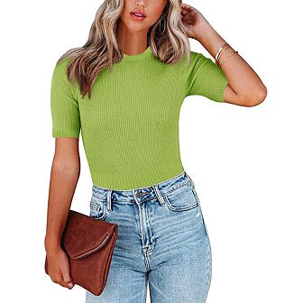 Womens Short Sleeve Sweaters Tops Crewneck Ribbed Pullover Shirt Slim Fit Knit Blouse