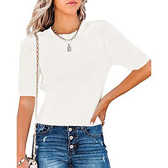 Womens Short Sleeve Sweaters Tops Crewneck Ribbed Pullover Shirt Slim Fit Knit Blouse