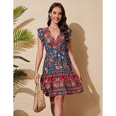 Women's Ruffle Short Sleeve V Neck Midi Dresses Floral Printed Flowy A-Line Mini Dress