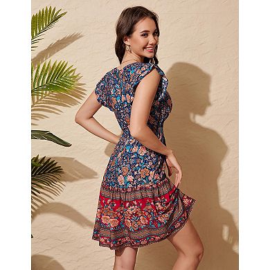 Women's Ruffle Short Sleeve V Neck Midi Dresses Floral Printed Flowy A-Line Mini Dress