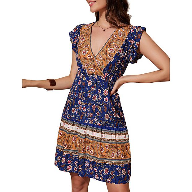 Women's Ruffle Short Sleeve V Neck Midi Dresses Floral Printed Flowy A-Line Mini  Dress