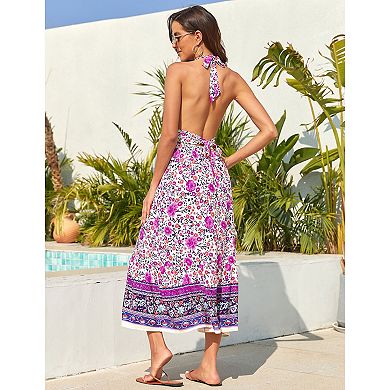 Women's Boho Deep V Neck Backless Flowy Floral Maxi Beach Dress