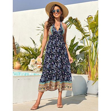 Women's Boho Deep V Neck Backless Flowy Floral Maxi Beach Dress