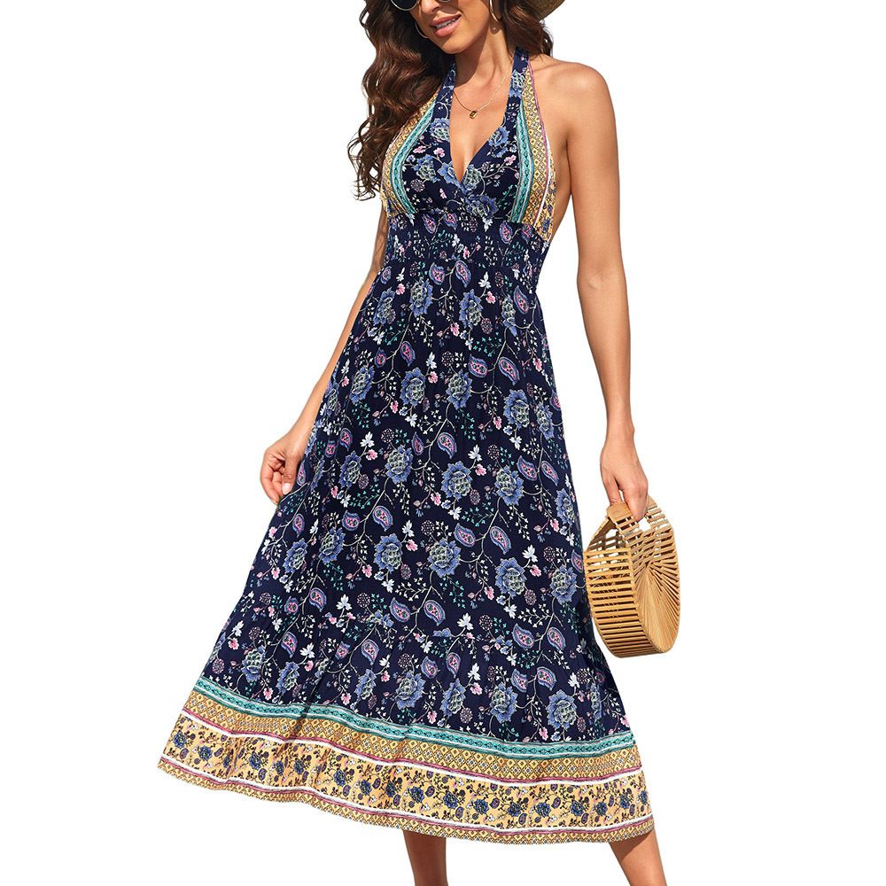 Женские платья Boho Deep V Neck Backless Flowy Floral Maxi Beach Dress