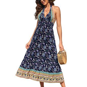 Women's Boho Deep V Neck Backless Flowy Floral Maxi Beach Dress