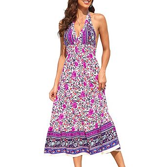 Women's Boho Deep V Neck Backless Flowy Floral Maxi Beach Dress