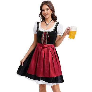 Authentic German Dirndl Dress Short Sleeve 2-Piece Bavarian Oktoberfest Outfit for Women