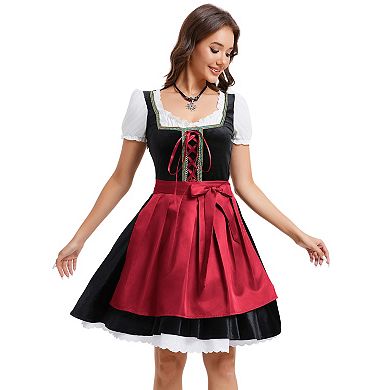Authentic German Dirndl Dress Short Sleeve 2-Piece Bavarian Oktoberfest Outfit for Women