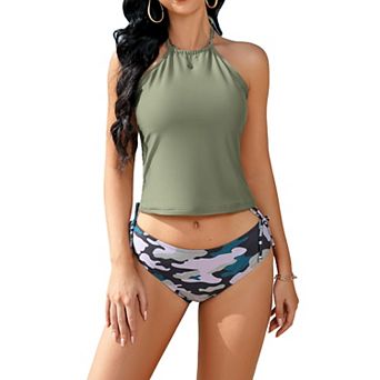 Women Two Piece Swimsuits Tummy Control Bathing Suits One Shoulder Tankini Top With Bikini Bottoms