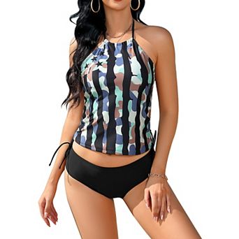 Women Two Piece Swimsuits Tummy Control Bathing Suits One Shoulder Tankini Top With Bikini Bottoms