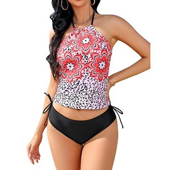 Women Two Piece Swimsuits Tummy Control Bathing Suits One Shoulder Tankini Top With Bikini Bottoms