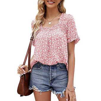 Women Casual Square Neck Ruffled Blouse Short Sleeve Floral Flowy Summer Tops Lightweight Tshirt