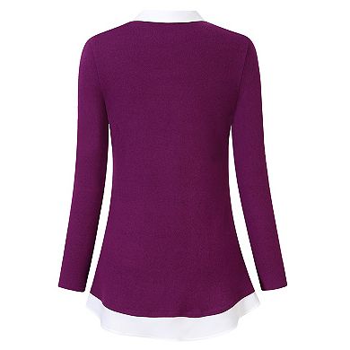 Women's Long Sleeve Contrast Collared Shirts Patchwork Work Blouse Tunics Tops
