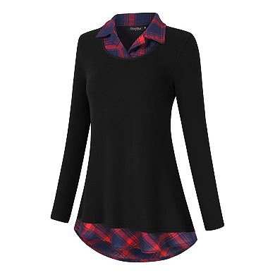 Women's Long Sleeve Contrast Collared Shirts Patchwork Work Blouse Tunics Tops