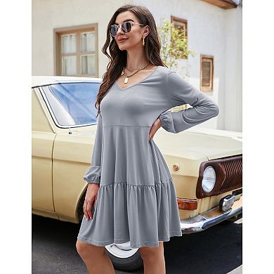 Women Casual Long Sleeve Black Dress,v Neck Tiered Dresses Ruffle Babydoll Dress With Pockets