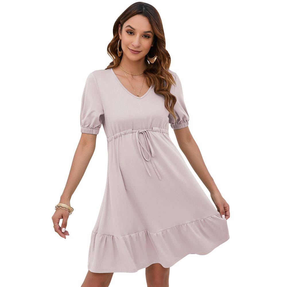 Women V Neck Tie Waist Ruffle Hem A Line Short Sleeve Casual Beach Wedding  Guest Mini