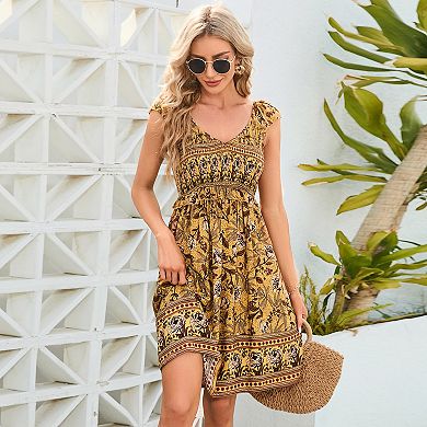 Women's Large Short Sleeve V Neck Floral Printed Ruffle A-line Midi Dress