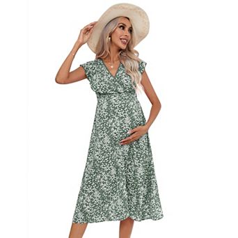 Women's Maternity Dress V Neck Ruffle Sleeve Wrap Summer Casual Floral Flowy Maxi Dress