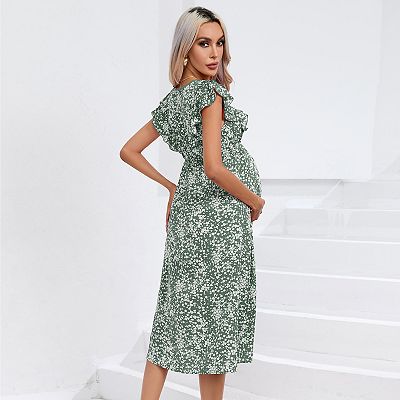 maxi flowy maternity dress Momyknows Beige 2 Piece Smocked Ruffle Backless Flowy Elegant Vacation Beach Photoshoot Maternity Maxi Dress Beige / S