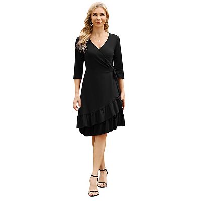 Women s Wrap Dress 3 4 Sleeve Midi Dresses A line Floral Flowy With Belt Party Dress