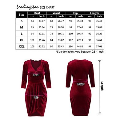 Womens Wrap V Neck 3/4 Sleeve Velvet Dress Ruched Bodycon Tulip Party Cocktail Dress